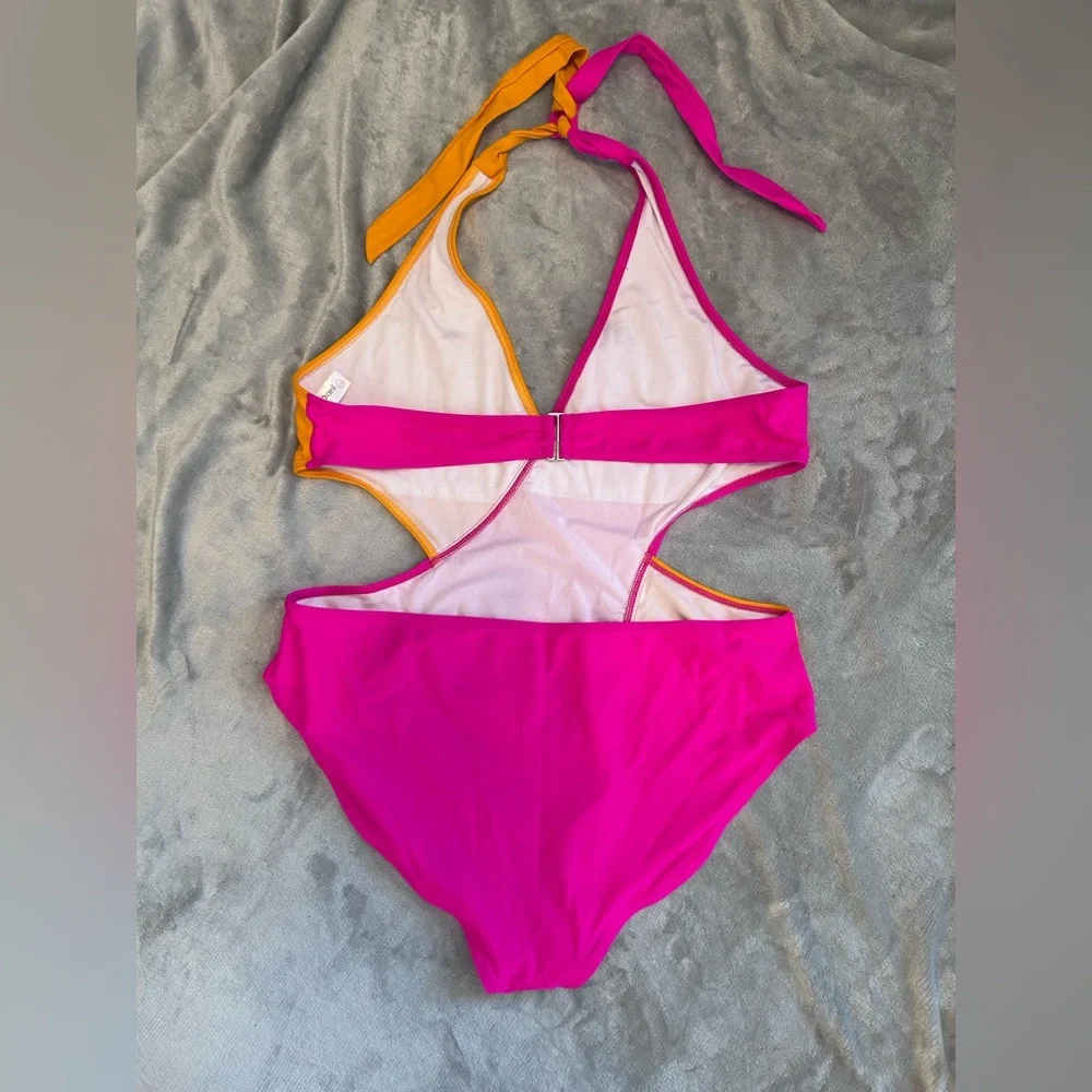DAVI & DANI Hot Pink and Orange Cutout One-Piece Swimsuit Plus 1XL NWOT - Picture 4 of 7